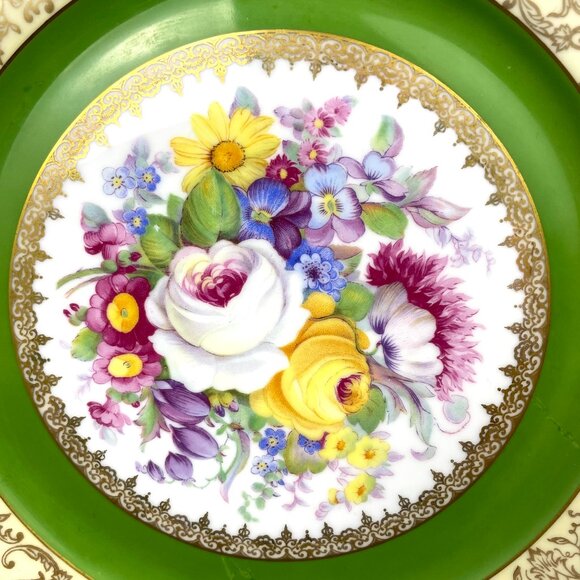 Set 3 Bohemia Czechoslovakia Bone China Dinner Green & Gold Floral Plates 10.5” - Picture 3 of 10
